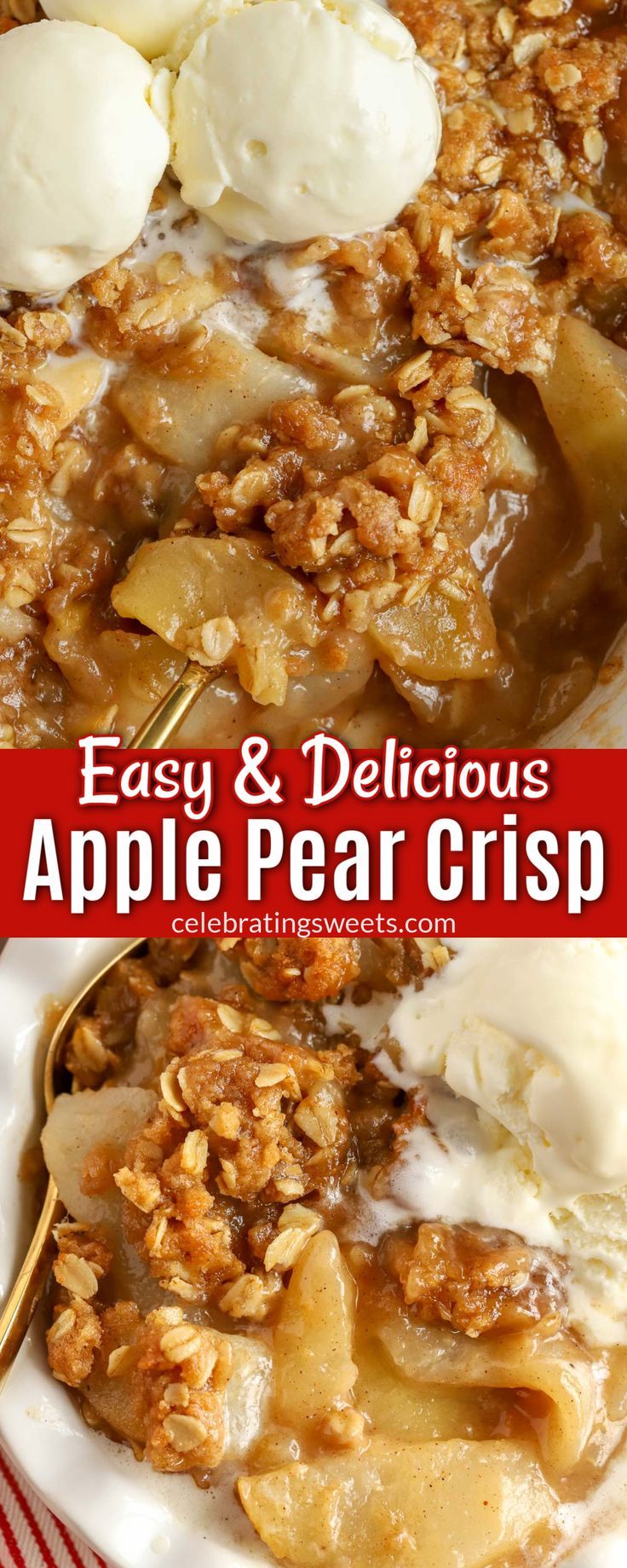 an apple crisp with ice cream on top and the words easy & delicious are above it