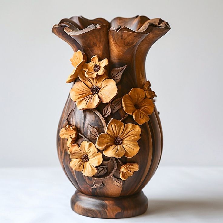 a wooden vase with flowers painted on the side and in it's center, sitting on a white surface