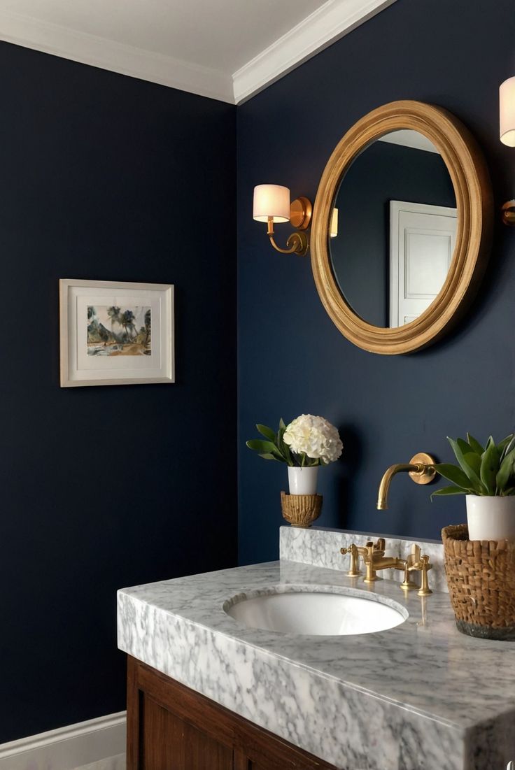 Step into sophistication with Hale Navy (HC-154) in your bathroom. Discover how to infuse nautical elegance into your daily interior design routine with this stunning color palette. #Ad #homedecor #homedesign #bathroom #Painthome interiorarchitecture best Wall Colors for Bathroom Colors Bright Room Colors best colors combinations bathroom bathroom Remodeling Modern Paint Colors 2024 Blue Painted Bathrooms, Bathroom With Navy Walls, Navy Paint Bathroom, Hale Navy Powder Room, Navy Wall Bathroom, Navy Bathroom Paint, Hale Navy Bathroom Walls, Navy House Interior, Dark Blue Accent Wall Bathroom