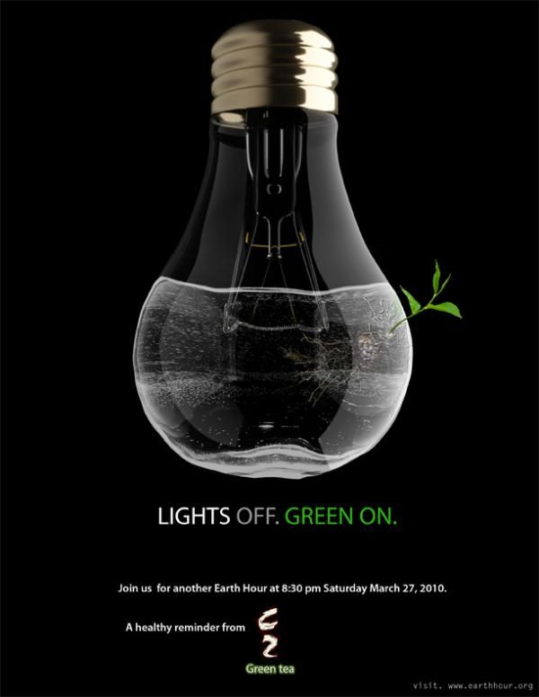 a light bulb with the words lights off green on in front of an image of a plant inside it