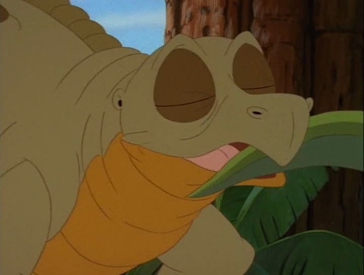 an animated dinosaur with its mouth open next to a tree and another animal in the background