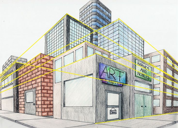 a drawing of an art store in the middle of a city with tall buildings behind it