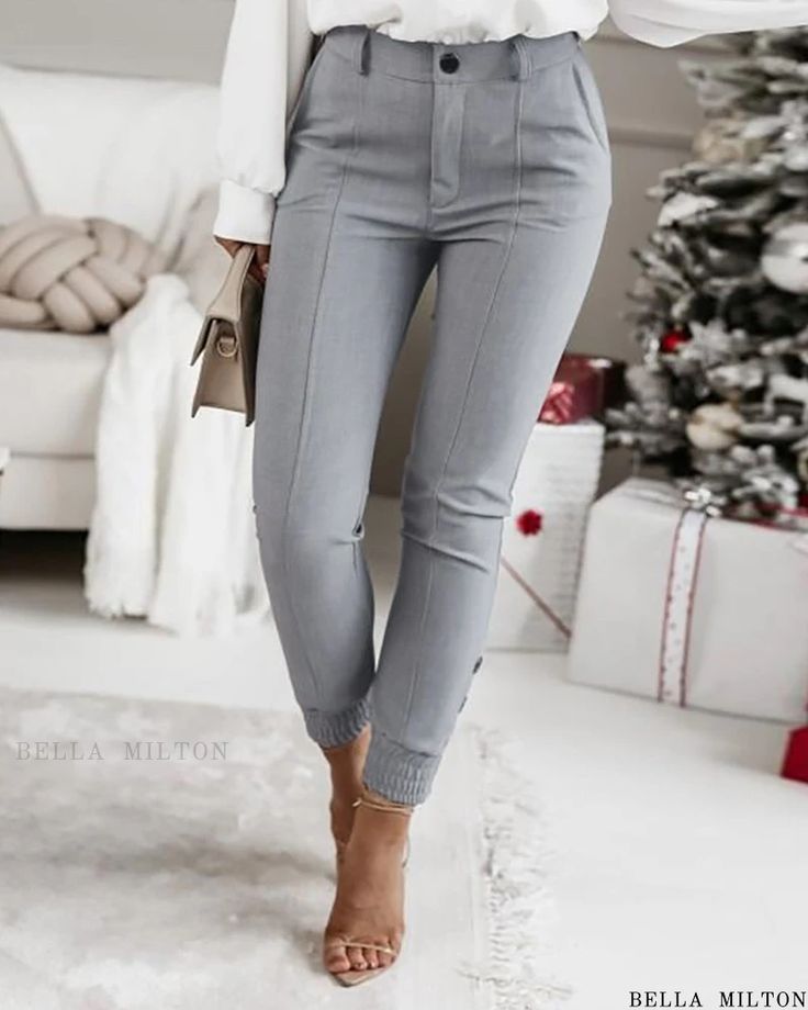 Bella Milton - Premium High Waist Pants with Piping, Buttoned Cuffs Winter Pant, Casual Bottoms, Winter Pants, Estilo Chic, Cuffed Pants, Spring Women, Pencil Pants, Tapered Pants, Ankle Length Pants