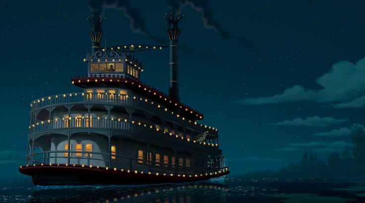 the ship is lit up at night with lights on it's roof and windows