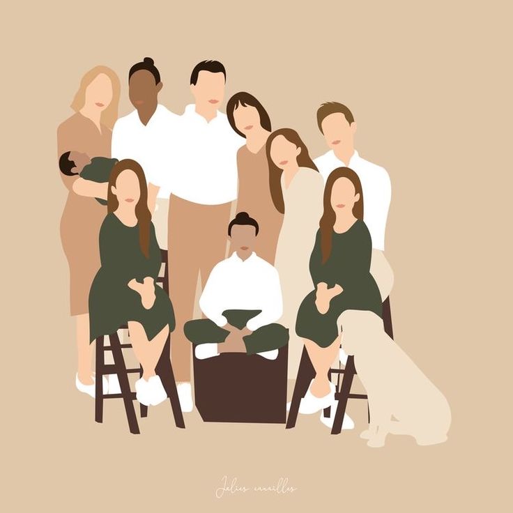 a group of people standing next to each other in front of a brown background with the image of a man and woman sitting on stools