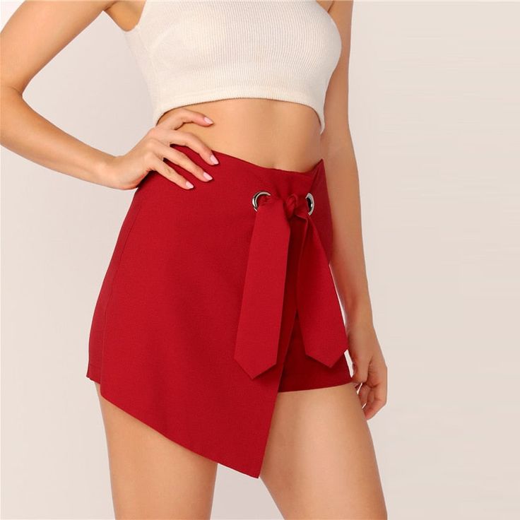 Gender: Women Item Type: Shorts Pattern Type: Solid Decoration: Bow,Sashes Waist Type: High Fit Type: REGULAR Closure Type: Zipper Fly Pant Style: REGULAR Material Composition: 97% Polyester, 3% Spandex Belt: Yes Closure Type: Zipper Fly Details: Belted, Asymmetrical, Wrap, Zipper, Tie Front Fabric: Fabric has no stretch Fit Type: Regular Pant Type: Culottes Season: Summer Waist Type: High Waist Trendy High-waisted Bottoms With Tie Waist, Chic High Waist Bottoms With Belt, Spring Party Bottoms With Belt, High-waisted Shorts With Belt Loops For Party, Fitted Belted High-waisted Shorts, Party High-waisted Shorts With Belt Loops, Fitted Belted Short Bottoms, Fitted Short Belted Bottoms, Fitted High Waist Shorts With Belt