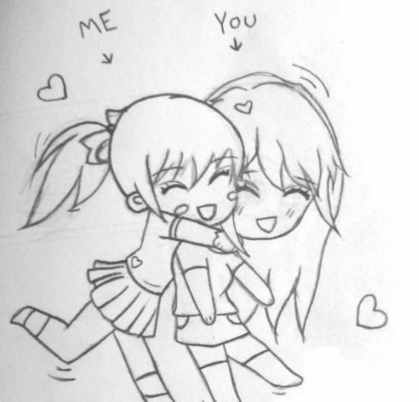 a drawing of two girls hugging each other with the words me and you above them