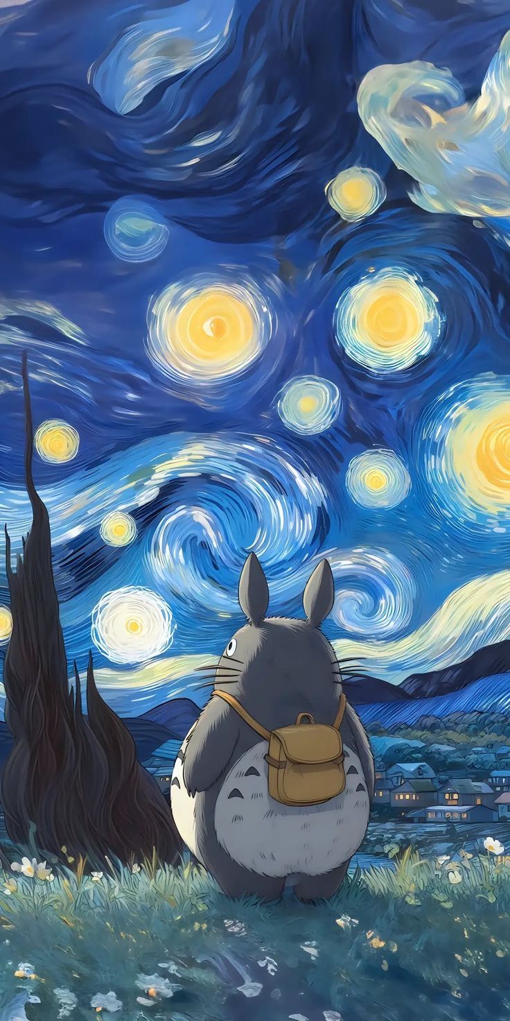 the starry night has been painted by someone with an animal in it's lap