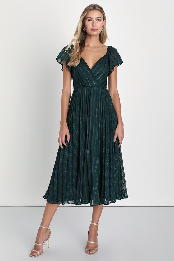 Standout Sophistication Emerald Lurex Flutter Sleeve Midi Dress Pleated A-line Midi Dress For Wedding Guest, V-neck Pleated Dress For Wedding Guest, Pleated V-neck Dress For Wedding Guest, Chic Wedding Guest Midi Dress With Pleated Bodice, Green Flutter Sleeve Evening Dress, Chic Midi Dress For Wedding Guest With Pleated Bodice, Elegant Pleated Dress For Wedding Guest, Elegant Evening Dress With Flutter Sleeves, Summer Party Dress With Flutter Sleeves