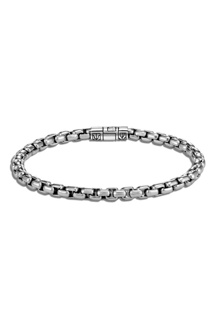 This slim box-chain bracelet in durable sterling silver makes a subtle everyday accessory. Style Name:John Hardy Men's Classic Chain Box Chain Bracelet. Style Number: 6022007. Available in stores. Classic Link Bracelets With Solid Link Construction, Classic Box Chain Link Bracelets, Adjustable Sterling Silver Link Bracelet With Box Chain, Adjustable Sterling Silver Box Chain Link Bracelet, Everyday White Gold Sterling Silver Bracelet With Solid Link, Classic Silver Chain Link Bracelet, Classic Silver Chain Jewelry, Classic Chain Bracelet With Round Solid Links, Classic Sterling Silver Chain Link Bracelet