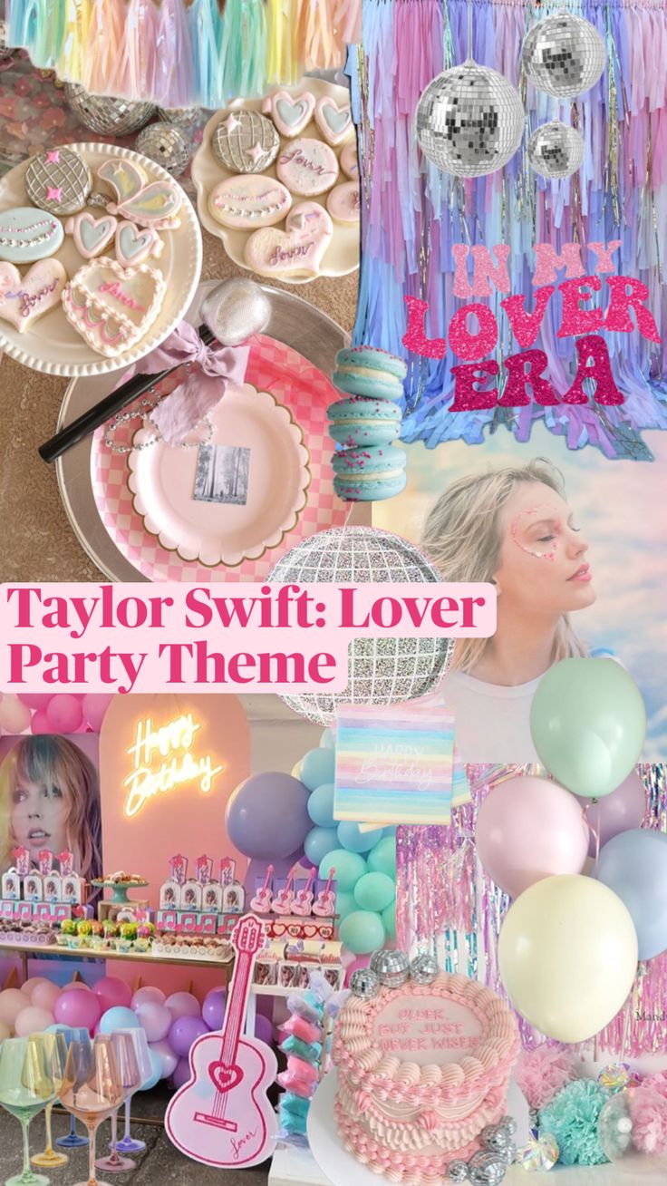 taylor swift lover party theme collage with balloons, cake and other items for the party