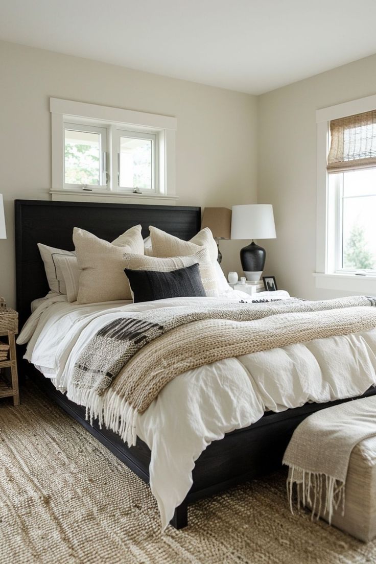 a large bed sitting in a bedroom next to two windows