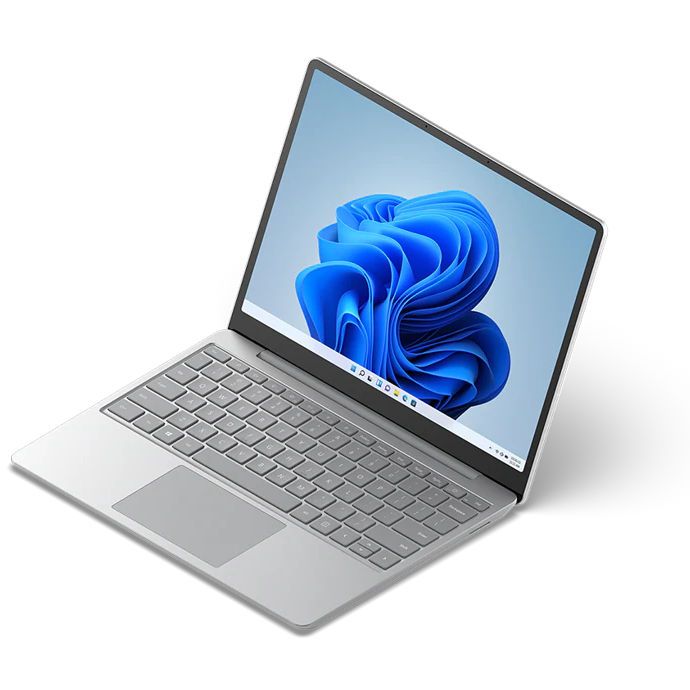 an open macbook air laptop computer on a white surface with blue swirls in the screen