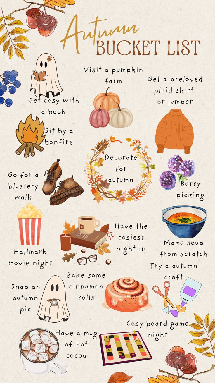 an autumn bucket list is shown in this graphic style, with the words and pictures below it