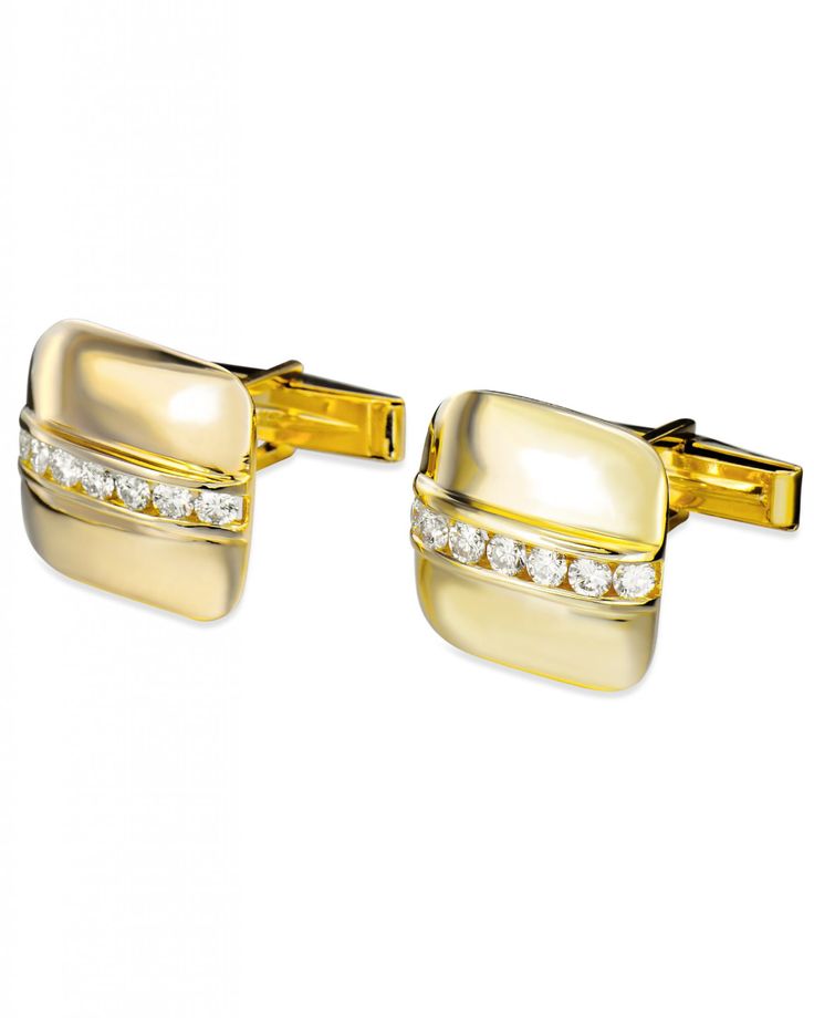 A pair of 14 karat yellow gold cufflinks set with 14 round brilliant cut diamonds (1.05 CTW, G-H color, VS-1 clarity). Luxury Formal Diamond Earrings With Brilliant Cut, Luxury Diamond Earrings With Brilliant Cut For Formal Events, Luxury Diamond Earrings With Brilliant Cut For Formal Occasions, Timeless Yellow Gold Diamond Earrings For Formal Occasions, Timeless Polished Diamond Earrings, Luxury Hallmarked Diamond Earrings For Formal Occasions, Classic Cubic Zirconia Diamond Earrings With Polished Finish, Luxury Diamond Cufflinks, Luxury Diamond Earrings With Vvs Clarity For Formal Events