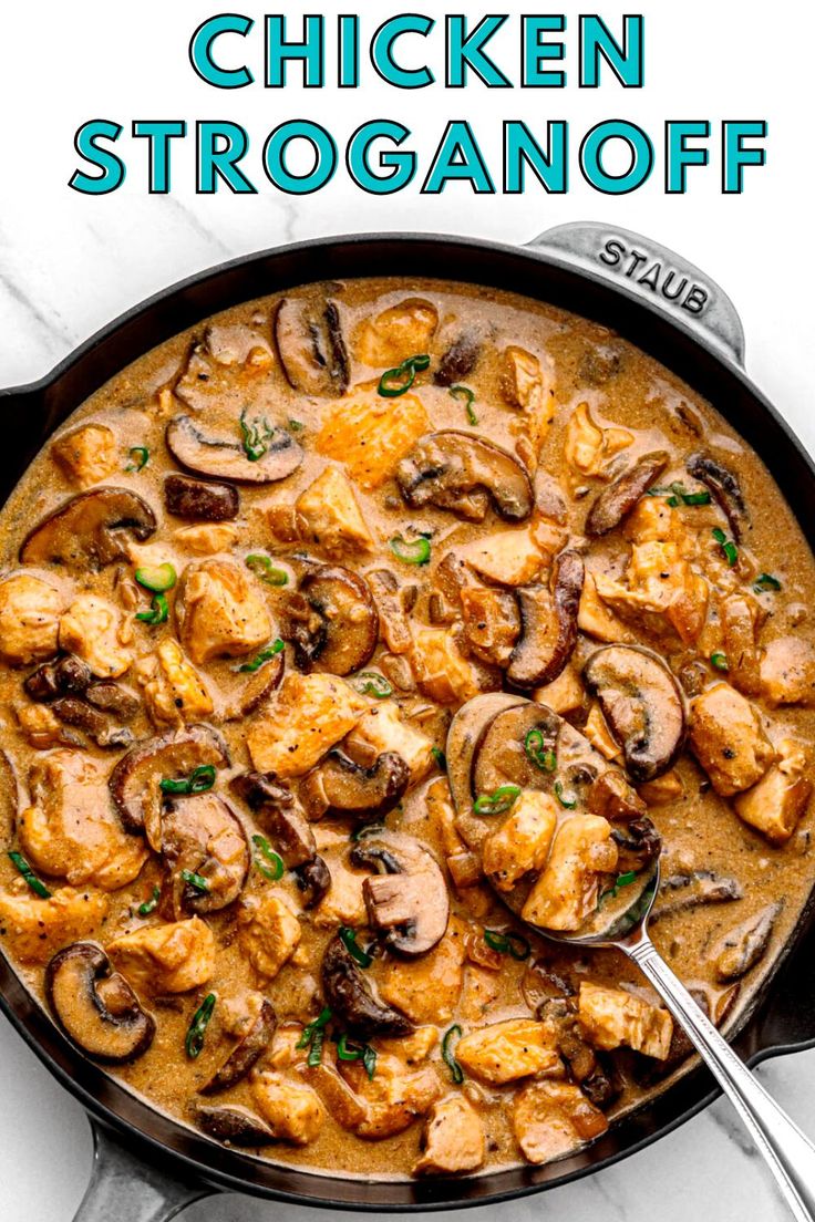 chicken stroganonoff with mushrooms in a skillet