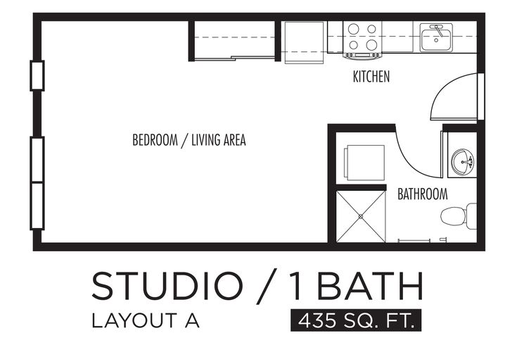 the studio / 1 bath layout is shown in black and white, as well as an apartment