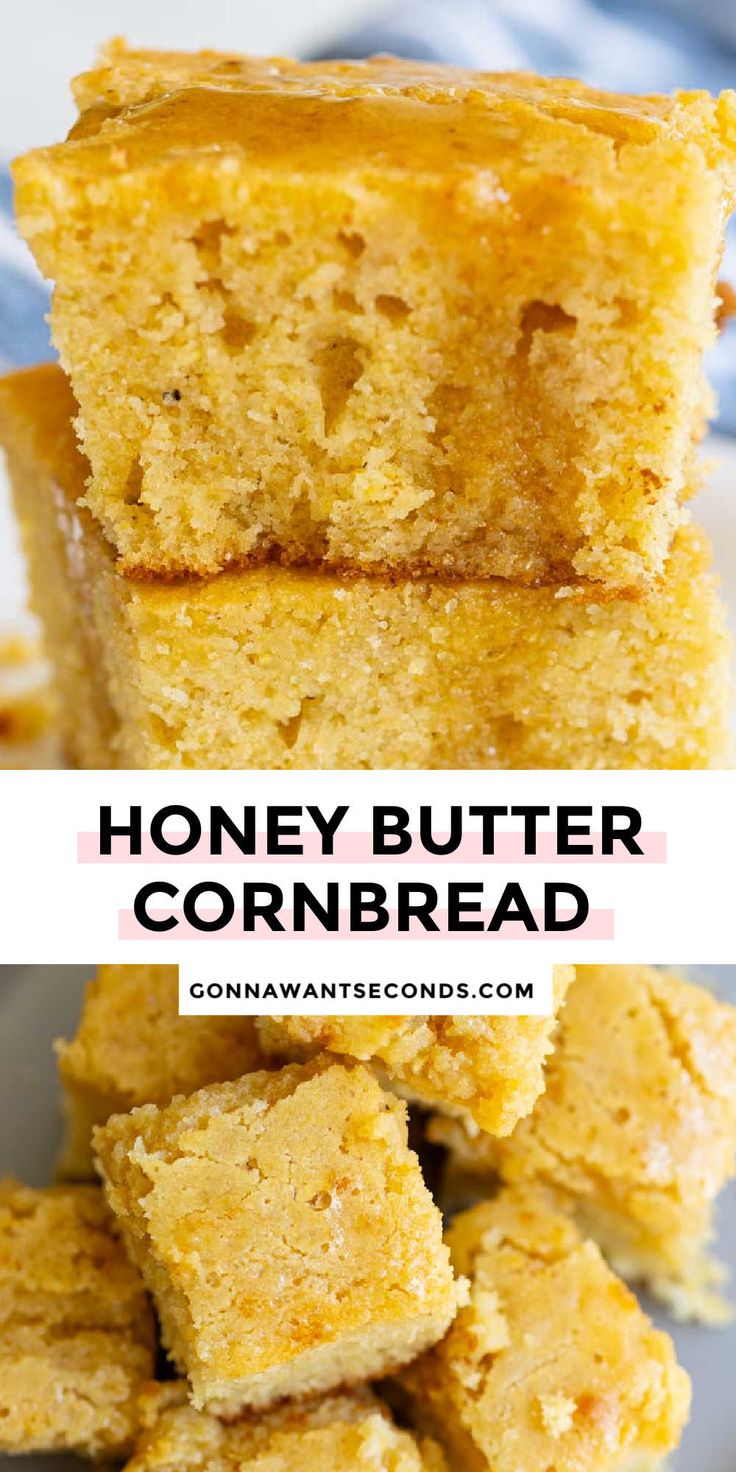 honey butter cornbread is stacked on top of each other