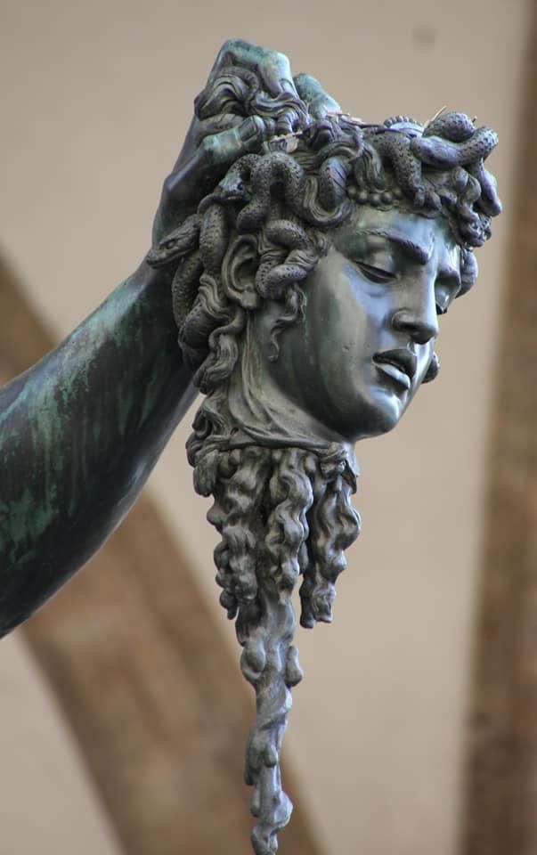 a close up of a statue with hair hanging from it's head