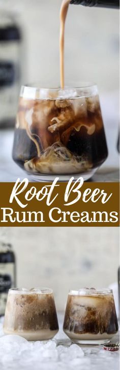 root beer rum creams are being poured into jars with ice and caramel syrup