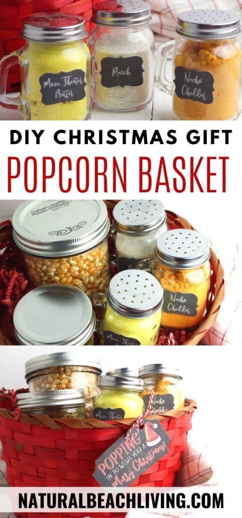 christmas gift popcorn basket with mason jars and labels