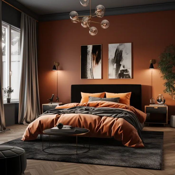 an orange and black bedroom with modern decor