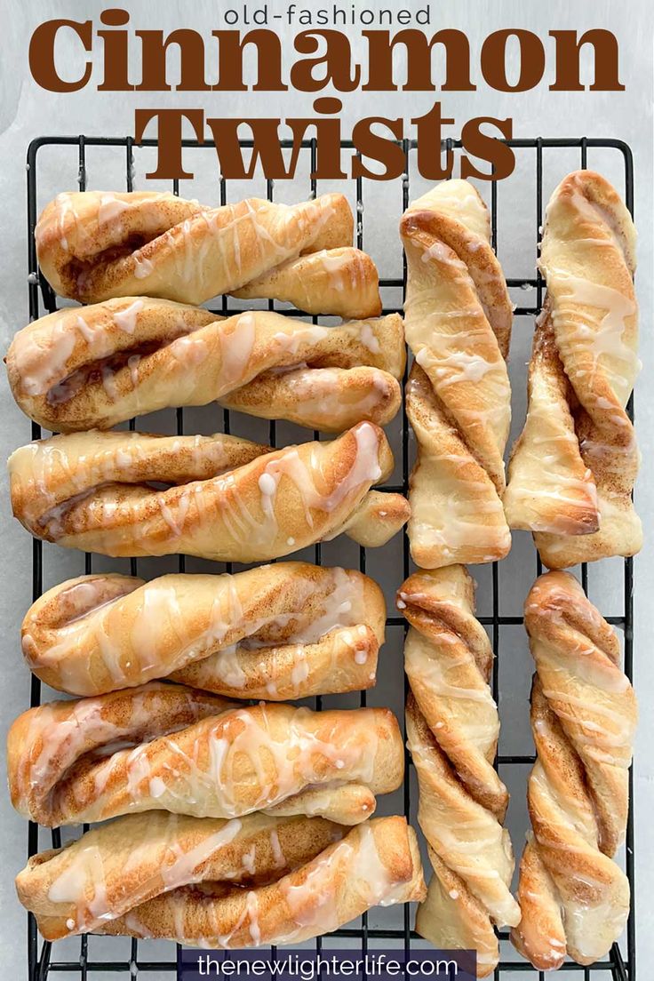 cinnamon twists on a cooling rack with text overlay that reads, old fashioned cinnamon twists