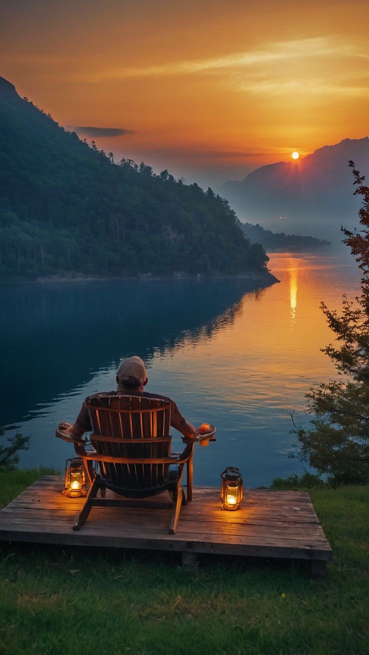 a person sitting in a chair on top of a wooden platform next to a body of water