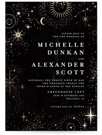 an elegant wedding card with stars and moon on it