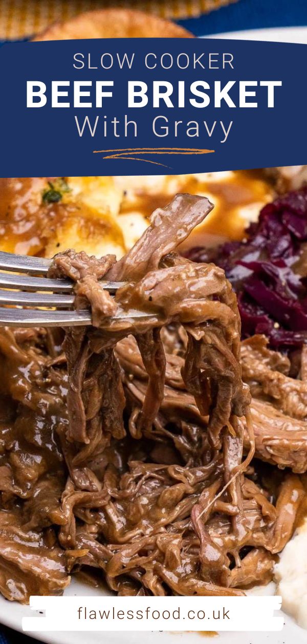 slow cooker beef brisket with gravy on a plate