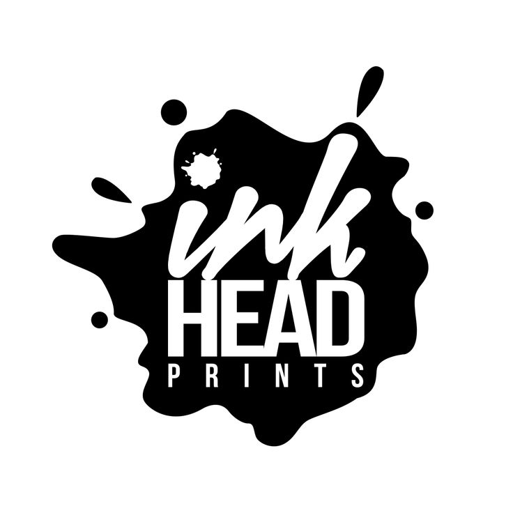 the ink head prints logo is black and white, with splashing paint on it