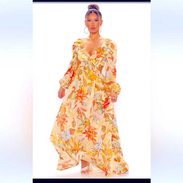 Floral Maxi Dress. Brand New. Elegant Yellow Printed Dress, Orange Long-sleeved Maxi Dress For Garden Party, Orange Long Sleeve Maxi Dress For Garden Party, Orange Long Sleeve Summer Maxi Dress, Yellow Printed Maxi Dress For Party, Yellow Floral Print V-neck Maxi Dress, Yellow Flowy Maxi Dress For Vacation, Yellow Long Sleeve Maxi Dress For Summer, Fitted Yellow Printed Maxi Dress