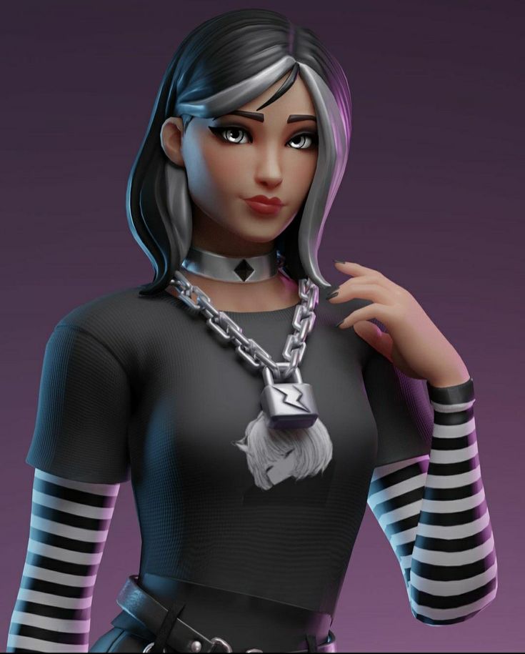 an animated woman wearing a black outfit and holding a silver chain ...