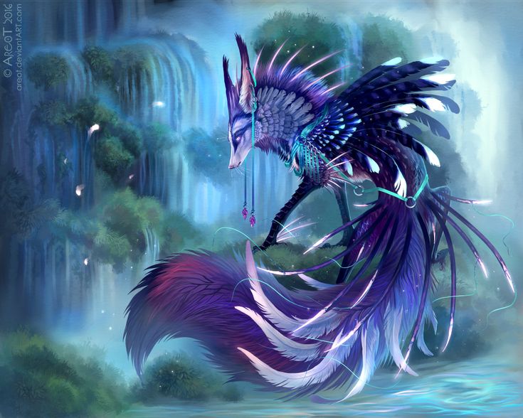 an artistic painting of a purple and blue dragon in front of a waterfall with trees