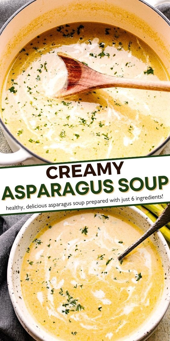 two bowls of creamy asparagus soup with a wooden spoon in one bowl and the other