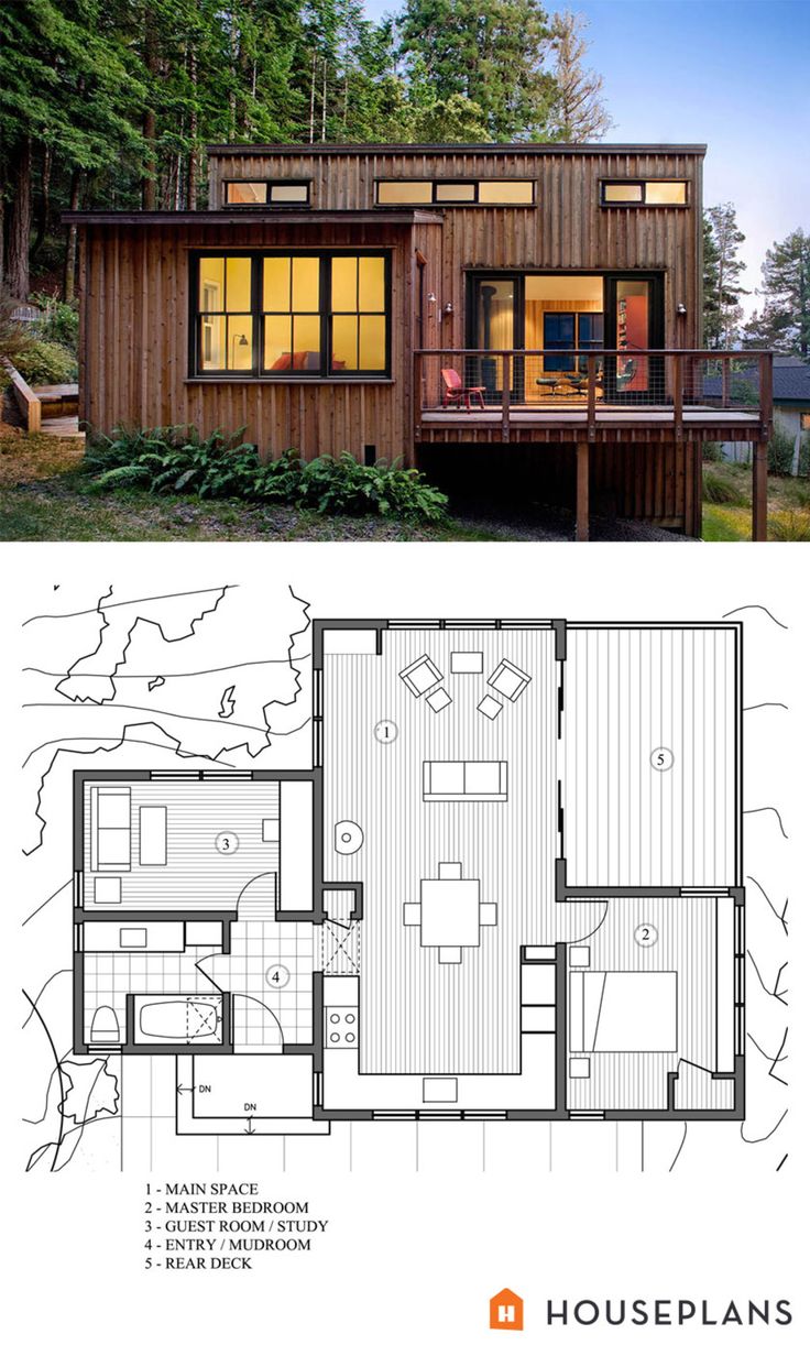 the floor plan for this modern cabin is very small and has lots of windows to let in