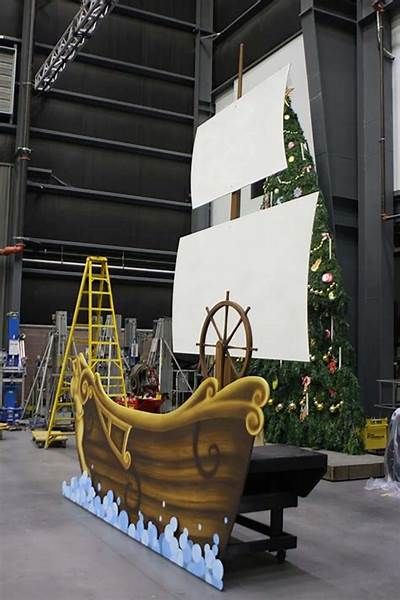 there is a boat on display in the building that has been decorated for christmas time