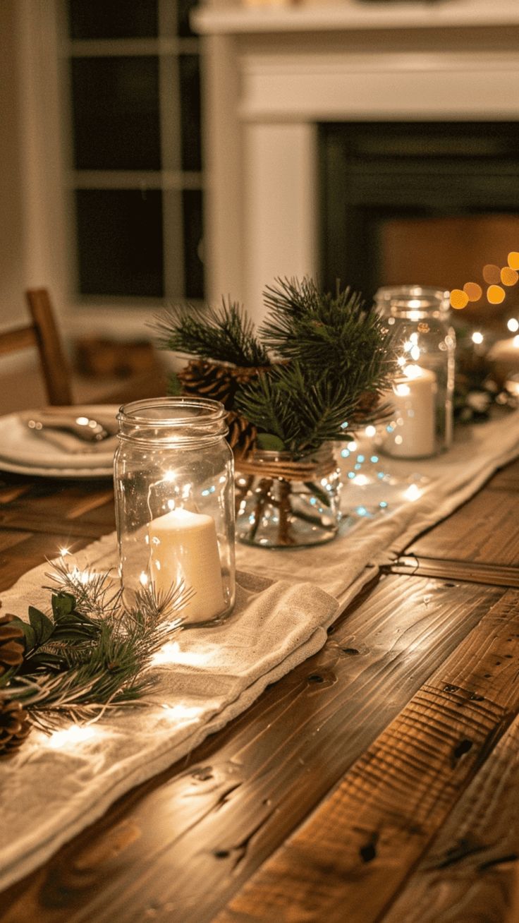 the table is set with candles and pine cones