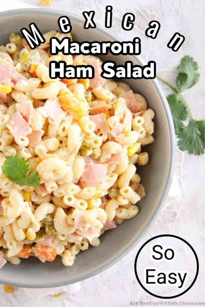 mexican macaroni ham salad in a gray bowl with cilantro and parsley