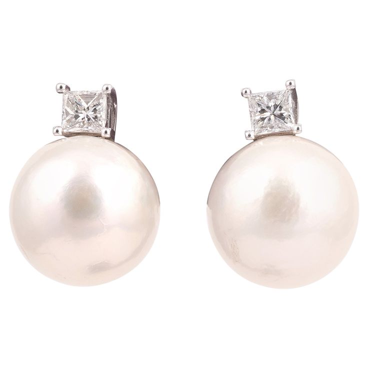 the 14mm. white pearls to brilliant-cut diamond surmounts, diamonds approx. 0.45ct. total Diamond Earrings Stud, Amazon River, Pearl And Diamond Earrings, South Seas, Earrings Stud, Pearl Diamond, Cultured Pearls, Diamond Earrings Studs, Brilliant Cut Diamond