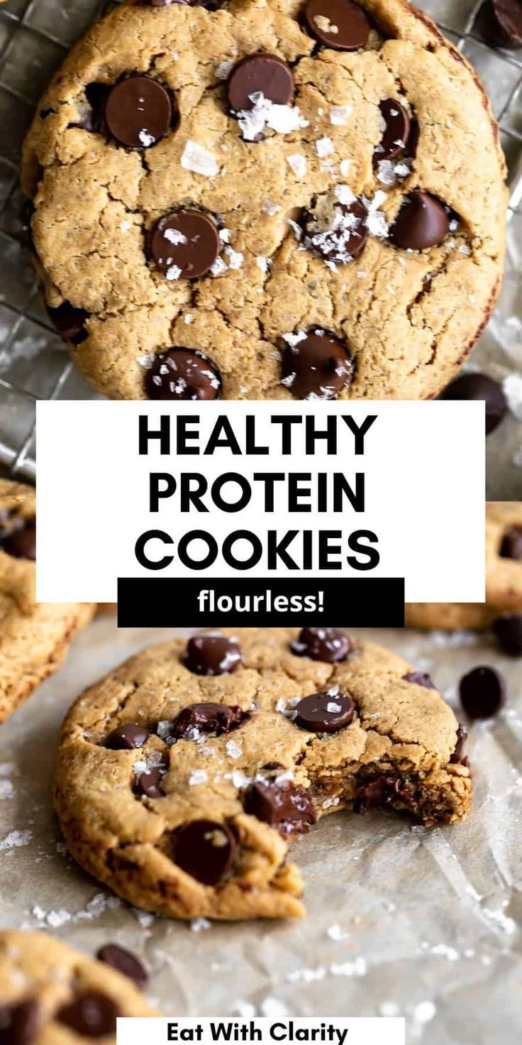 healthy chocolate chip cookies with text overlay that reads, healthy protein cookies flourless