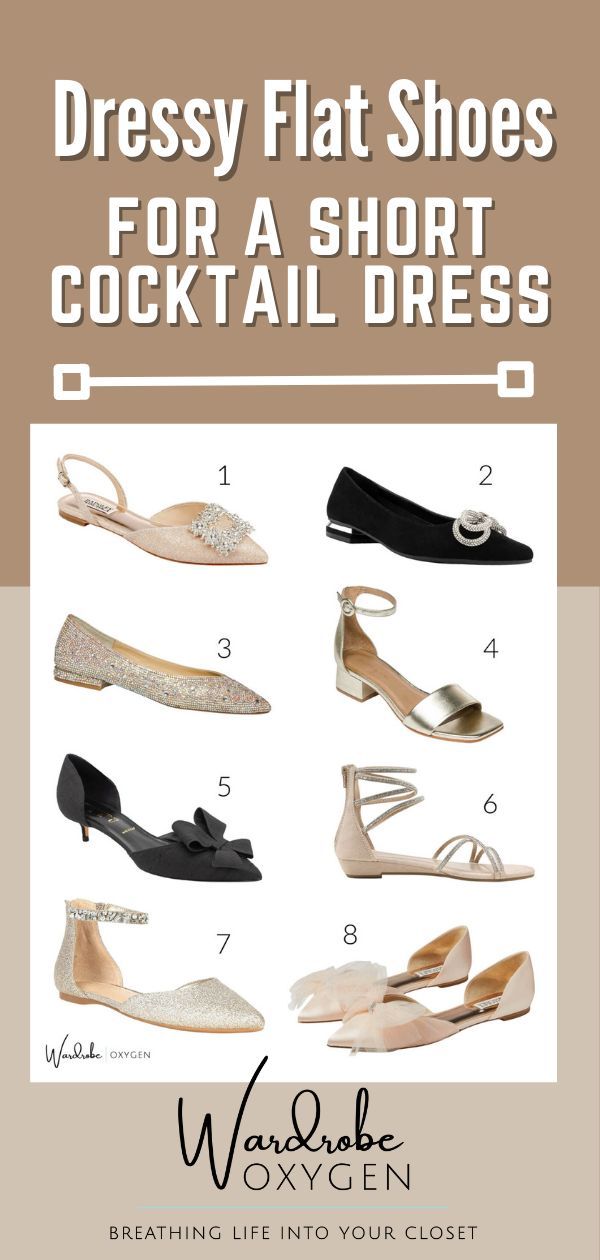 Dressy Flat Shoes for a Short Cocktail Dress. With a mini- to knee-length cocktail dress, you'll either want a bit of height or a style that will offer some substance or length. Look for low block heels, pointed toes, and embellishments which will ensure you won't look barefoot at the cocktail party. Keep the mules for pants and choose a style with more coverage. Dressy Flat Shoes, Shoes For A Wedding, Wedding Guest Heels, Dressy Flats Shoes, Flat Shoes Outfit, Dress With Flats, Party Flats, Dressy Flats, Knee Length Cocktail Dress