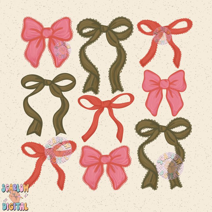 a set of six bows with ribbons on them