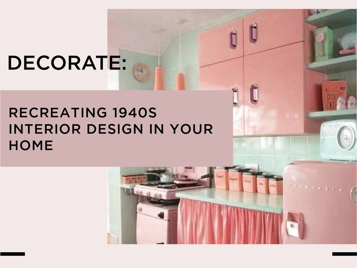 a kitchen with pink cabinets and green tile on the walls is featured in an article about decorating 1940's interior design in your home