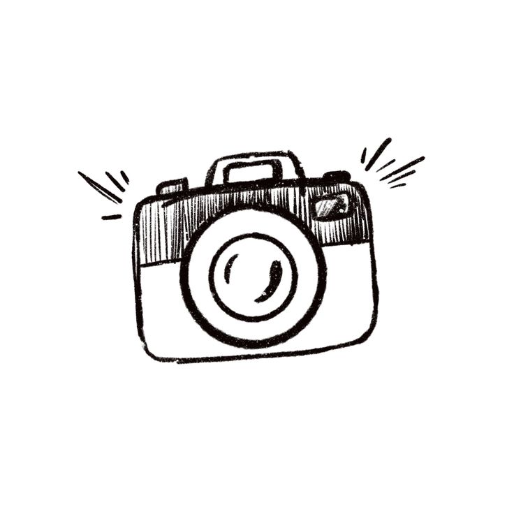 a drawing of a camera with the lens pointed up and an image of a smiling face