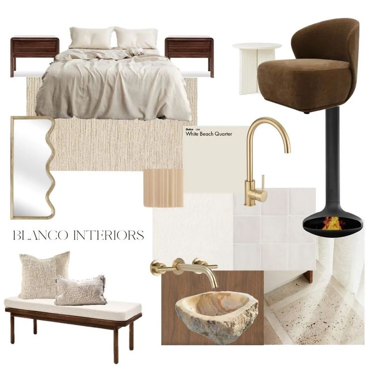 interior design mood board with white and brown accents, including a bed, chair, sink, mirror, coffee table