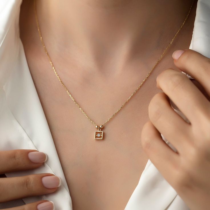 Mini Square Solitaire Necklace, 14k Gold Necklace, Gold Necklaces, Gift Necklace, Necklace for Women Gift, Necklace for Mom ITEM DETAILS ❆ All our jewelleries are handmade with Love and Care 💓 ❆ Material: 14K Gold. ❆ Gram: 1,96 gr ❆ Each item is made to order. Since all of our products are handmade, there may be -) 10% deviation in the specified weight. ❆ DO YOU LIKE THIS RING? You can get more information about it below but if you have any questions, just send a message. PACKAGING ❆ They are s 14k Gold Square Pendant Necklace With Birthstone, Gift Diamond Necklace With Square Pendant, Yellow Gold Diamond Cut Birthstone Necklace Gift, Fine Jewelry Solitaire Necklace With Square Pendant As Gift, Yellow Gold Square Pendant Necklace With Birthstone, Yellow Gold Birthstone Square Pendant Necklace, Gold Diamond Necklace Tarnish Resistant As Gift, Gold Diamond Necklace With Gemstone For Gift, Gold Solitaire Necklace With Gemstone For Gift