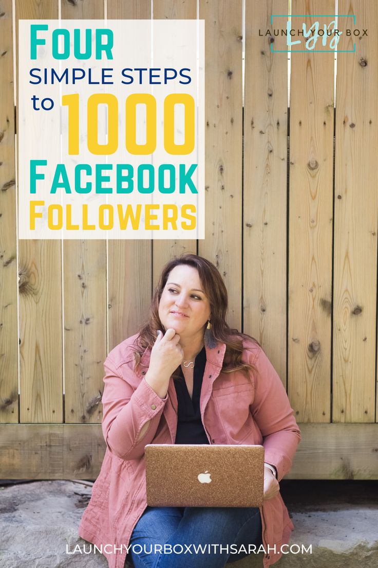 a woman sitting in front of a laptop computer with the title four simple steps to facebook followers