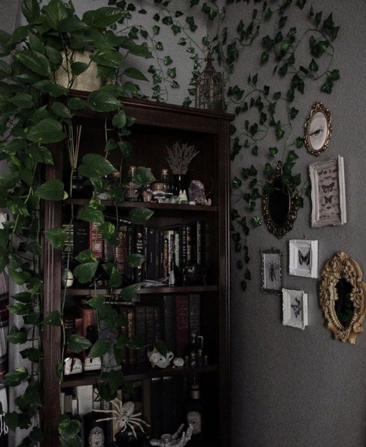 a living room filled with lots of green plants and pictures on the wall next to a bookshelf