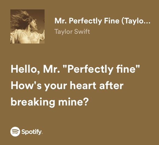 a brown background with the words hello, mr perfectly fine how's your heart after breaking mine?